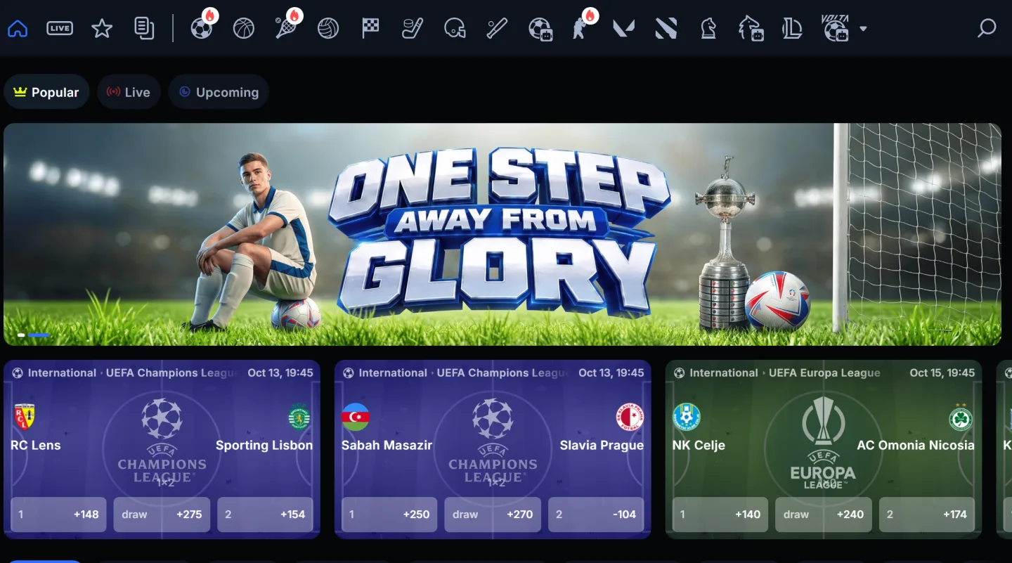 LineUp Bet sportsbook with sports menu, Popular tab and Champions League match odds