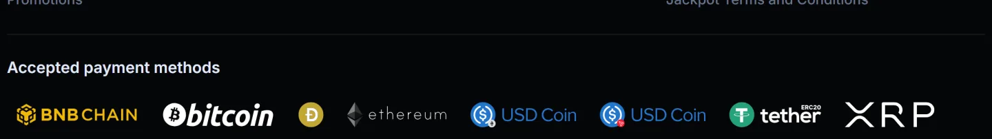 Accepted payment methods strip in the LineUp footer: Bitcoin, Ethereum, USDT, USDC, XRP, Tron