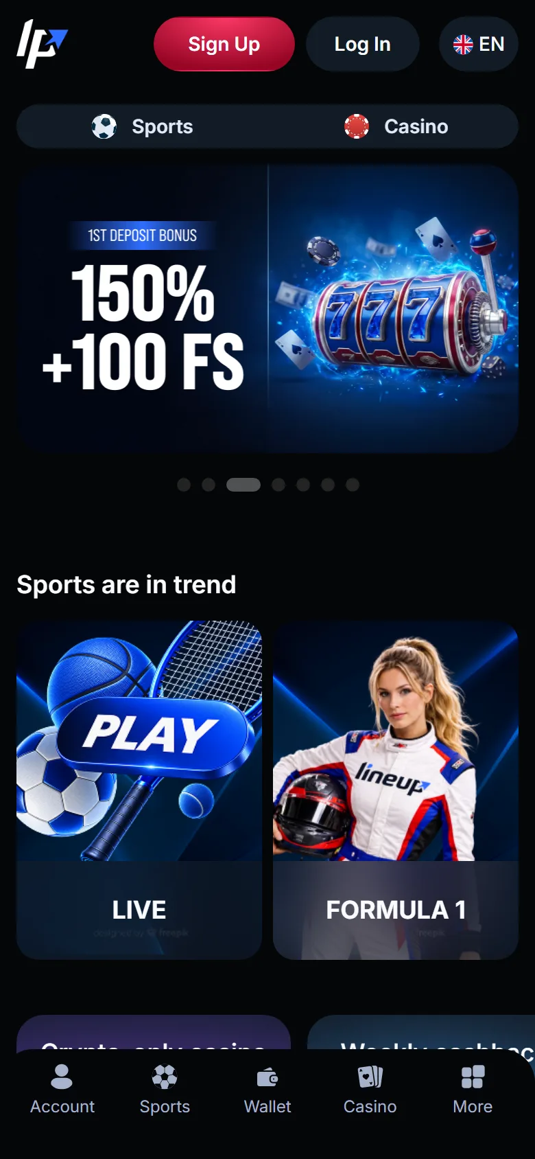 LineUp Casino mobile home page with Sign Up, Log In and the 150% + 100 FS slider