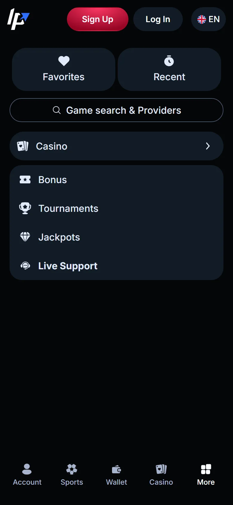 LineUp mobile More tab with Favorites, Recent, game search, Bonus and Live Support