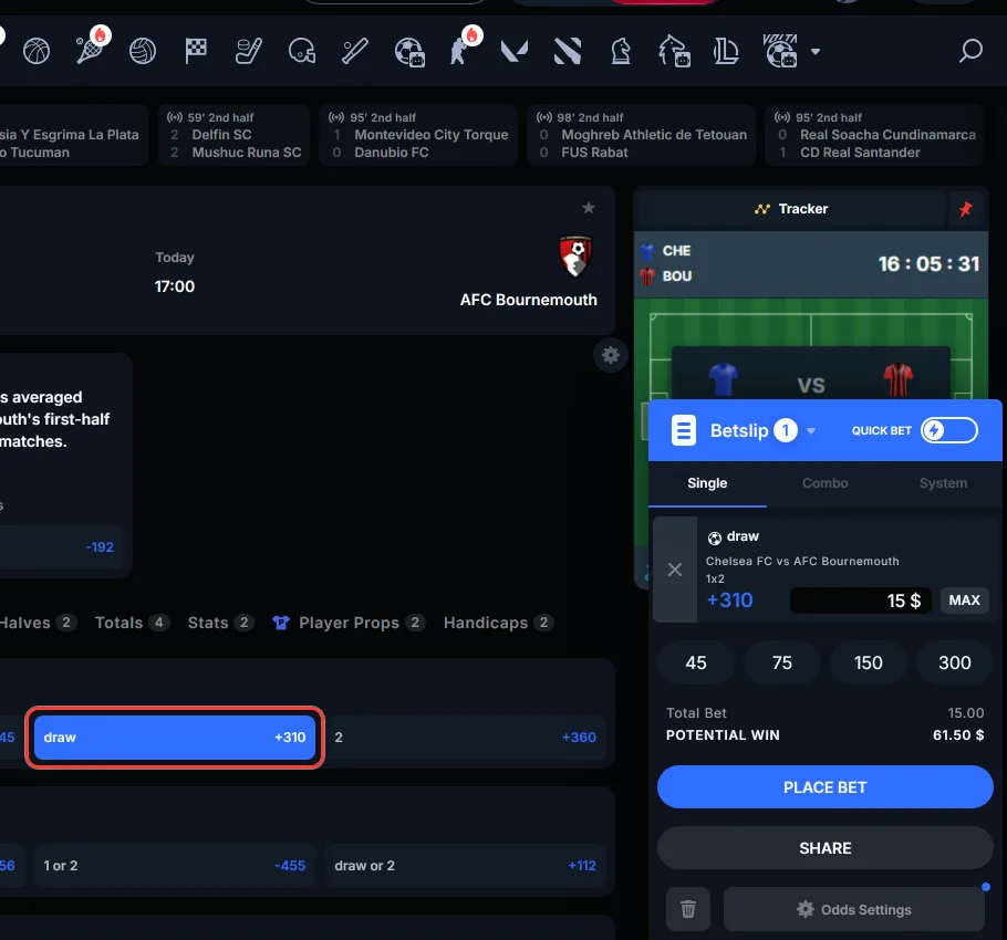Match outcome added to the LineUp betslip in the sportsbook