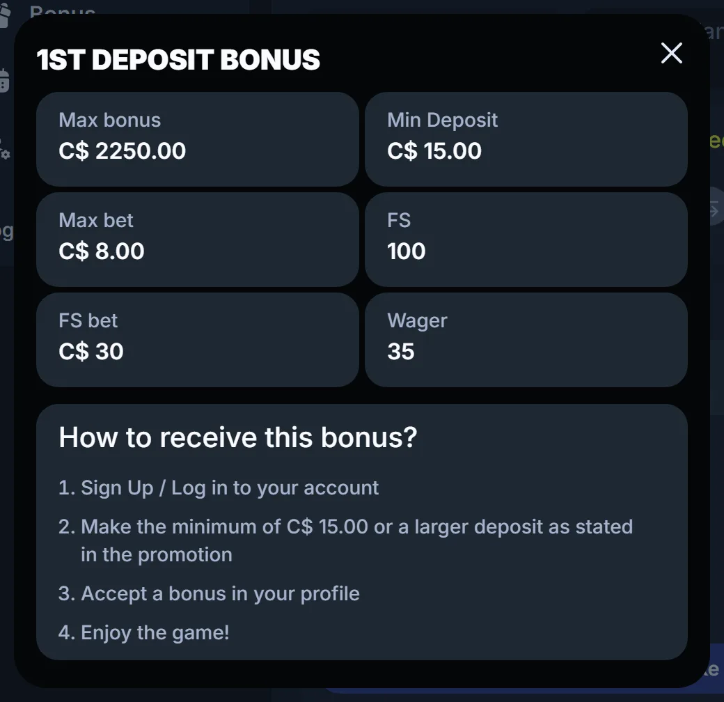 1st Deposit Bonus window with max bonus, wager and free spin details at LineUp