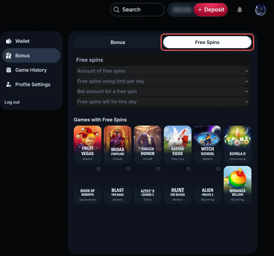 Free Spins tab with the list of games in the LineUp profile