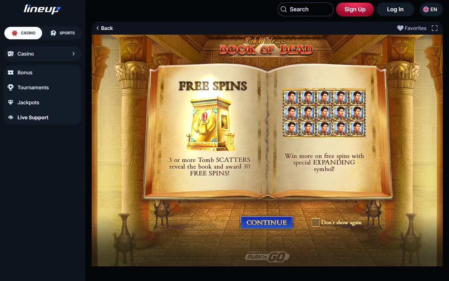 Book of Dead demo opened in LineUp Casino without signing in