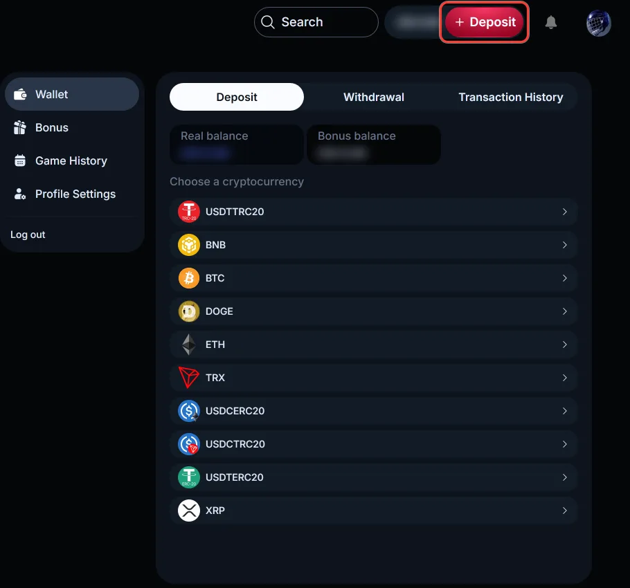 Deposit button highlighted in the header of the LineUp Casino cabinet