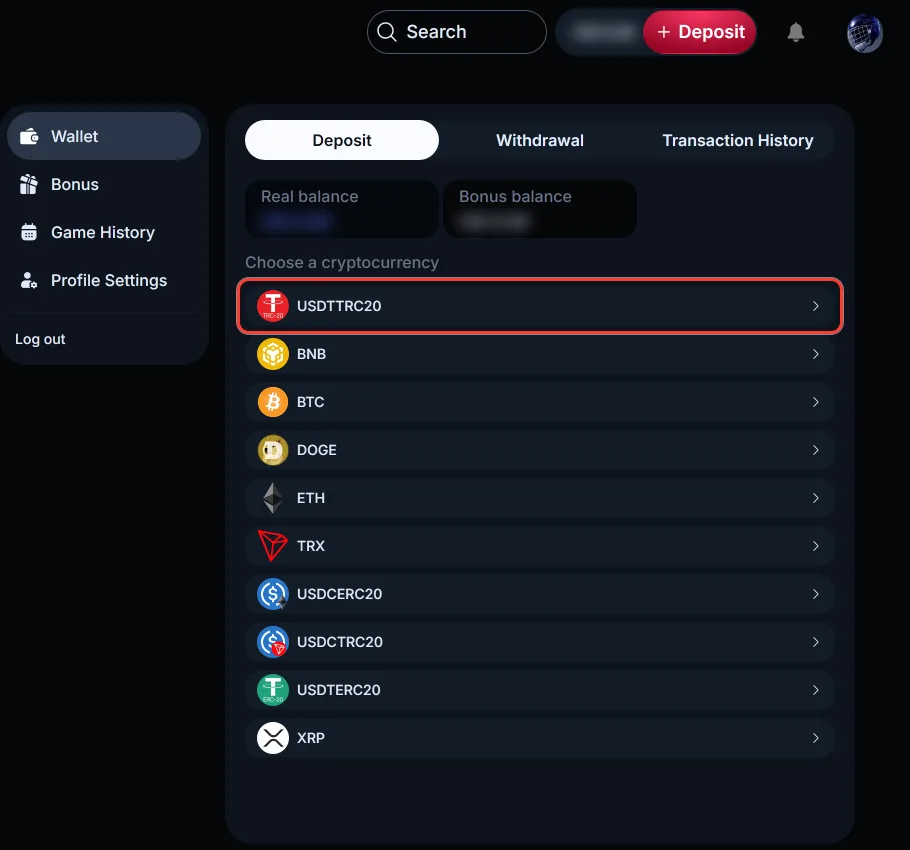 USDT TRC20 highlighted in the cryptocurrency list of the LineUp deposit cashier