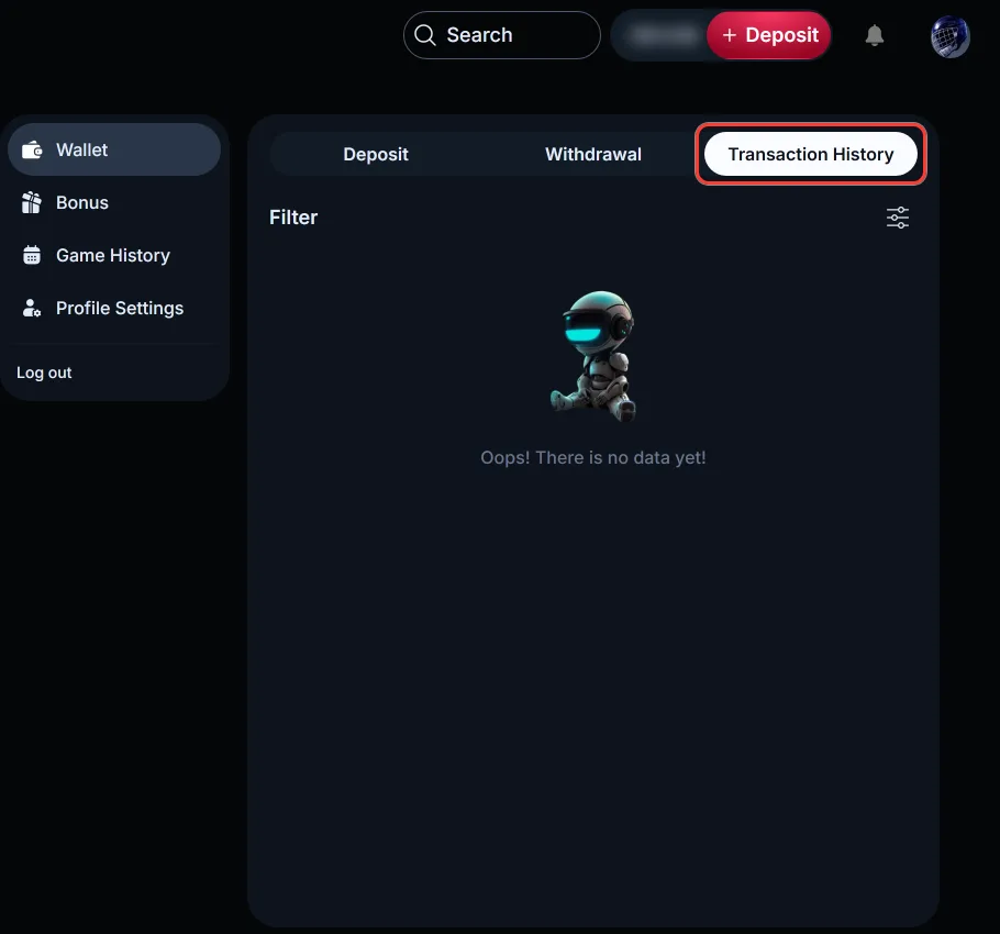 Transaction History tab highlighted in the LineUp wallet