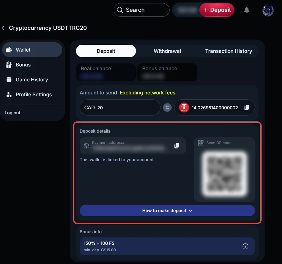 Deposit details block with the payment address and QR code in the LineUp cashier