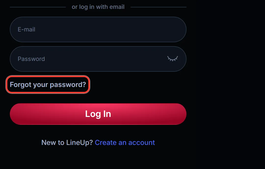 Forgot your password link highlighted in the LineUp login window