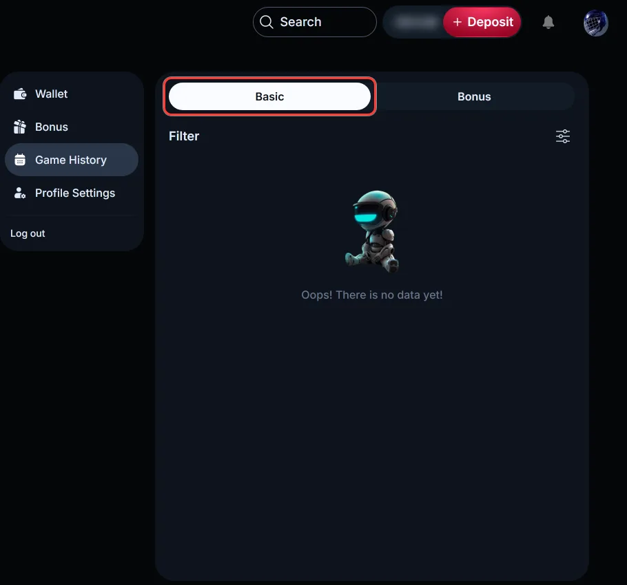 Game History page with Basic and Bonus tabs in the LineUp account