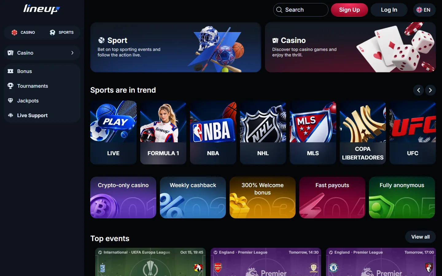 LineUp home page with Sport and Casino tiles, sidebar menu and trending sports