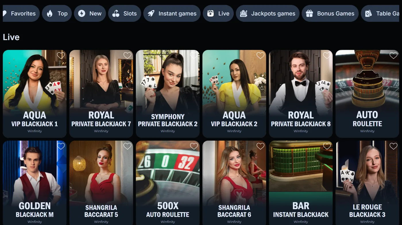 Live tab of LineUp Casino with Winfinity blackjack and baccarat tables