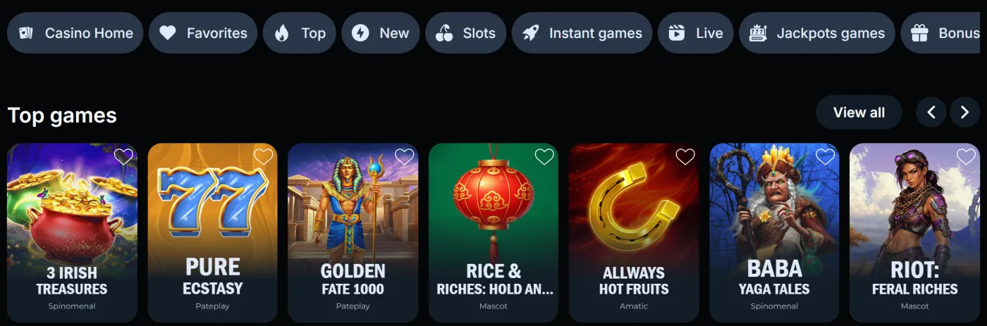 LineUp Casino lobby with category tabs and the Top games row