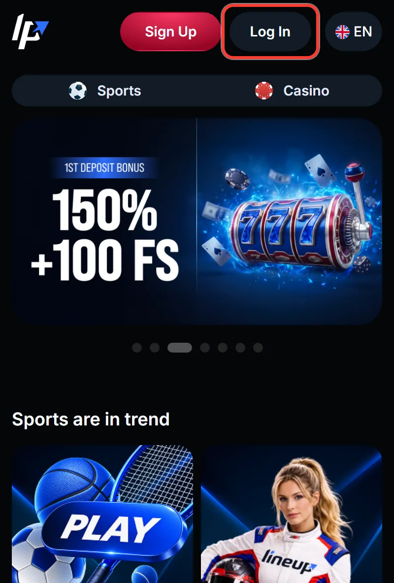 Log In button highlighted in the LineUp Casino header