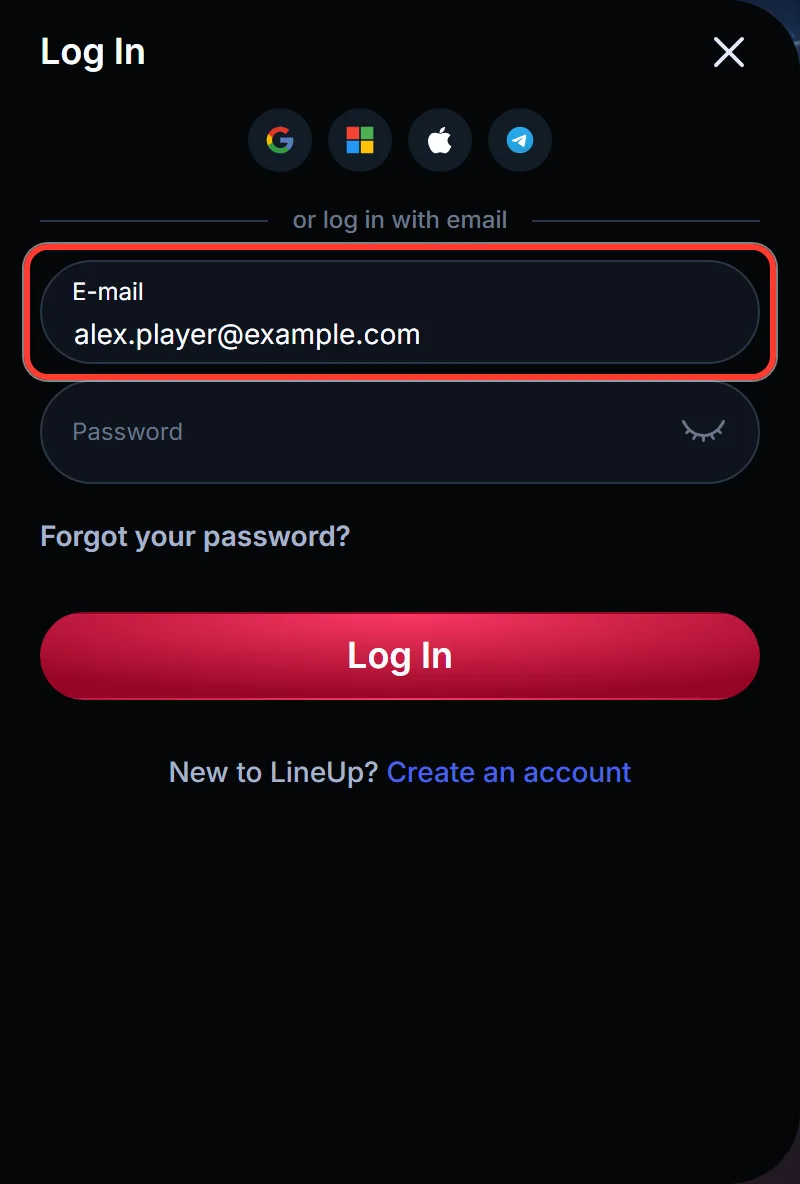 E-mail field highlighted in the LineUp Casino login window