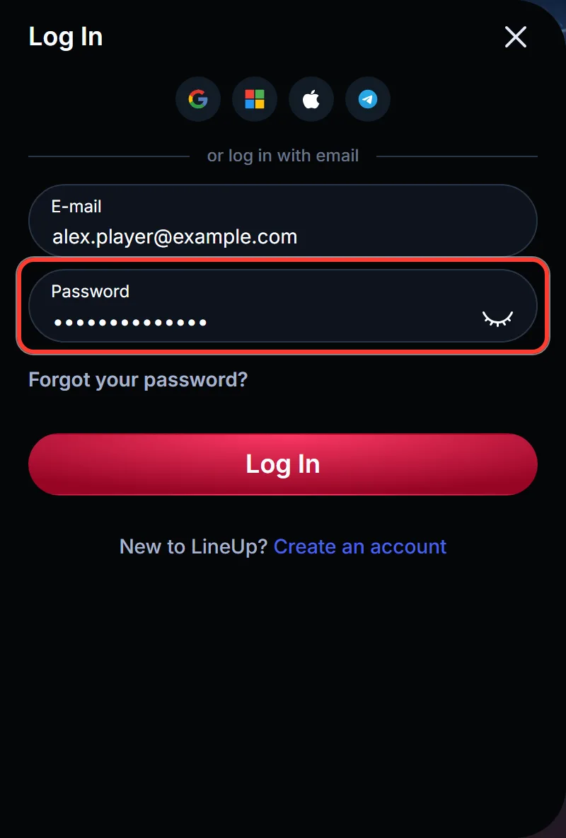 Password field highlighted in the LineUp Casino login window