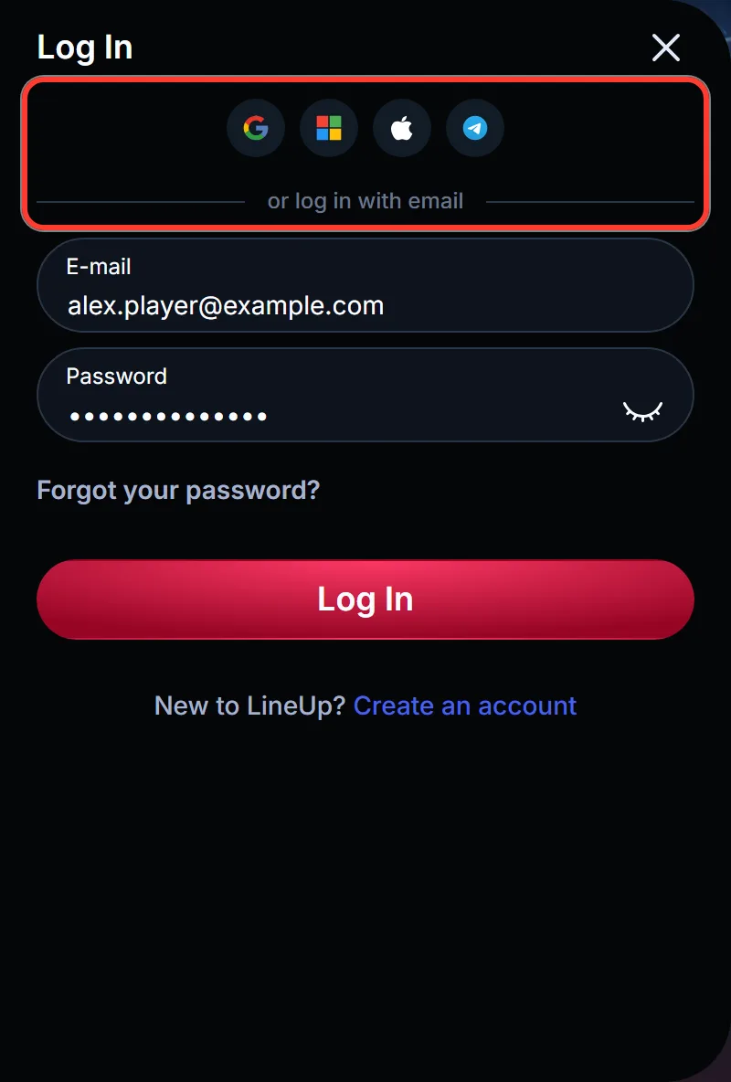 Google, Microsoft, Apple and Telegram icons at the top of the LineUp login window