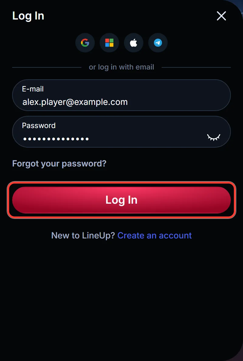 Log In submit button highlighted at the bottom of the LineUp login form