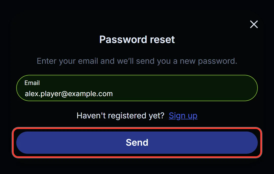 Send button highlighted in the LineUp Password reset window