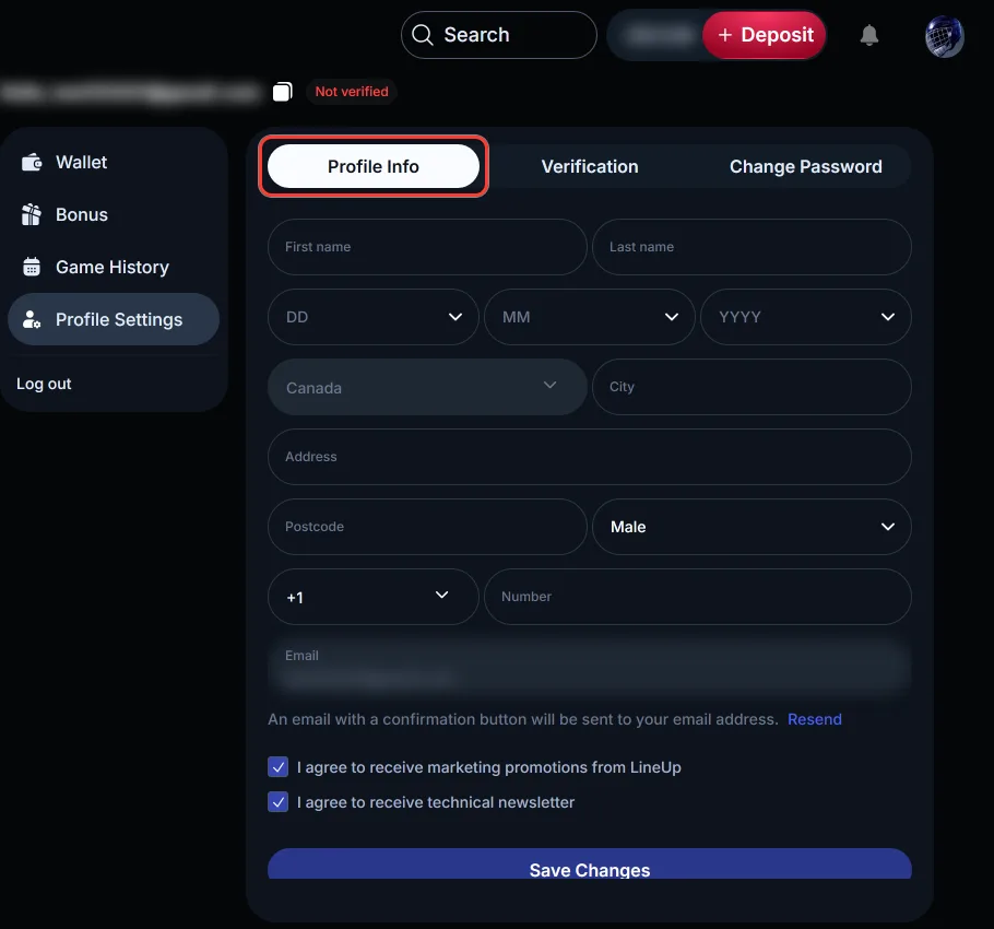 Profile Info tab with personal data fields in the LineUp account
