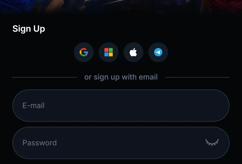 LineUp Casino sign up form on a phone with social icons, e-mail and password fields