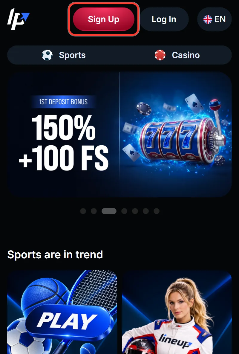 Sign Up button highlighted in the LineUp Casino header
