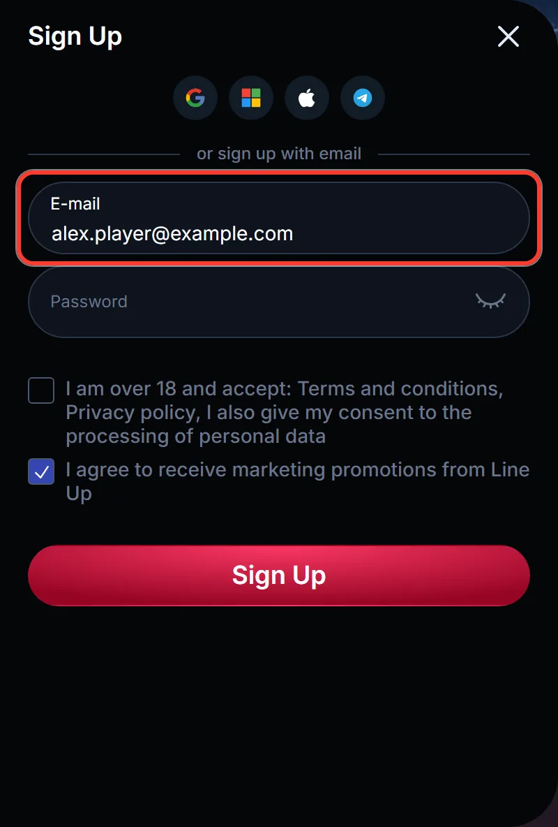 E-mail field highlighted in the LineUp Casino sign up form