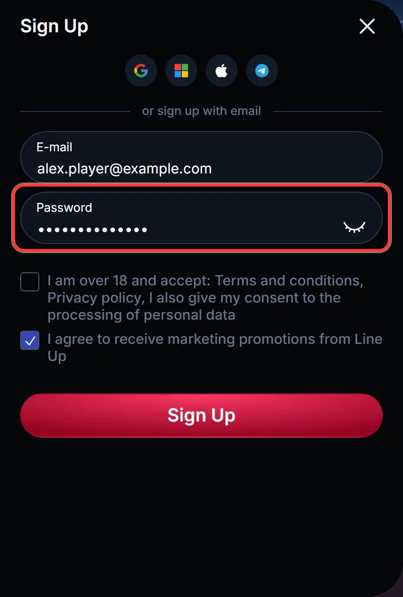 Password field highlighted in the LineUp Casino sign up form