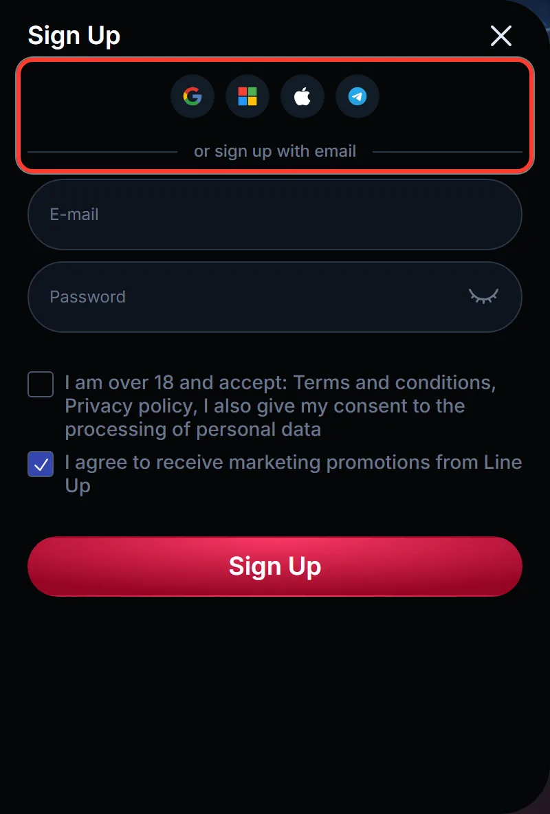 Google, Microsoft, Apple and Telegram sign up icons in the LineUp Casino registration window