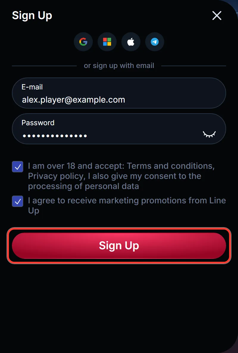 Sign Up submit button highlighted under the LineUp Casino checkboxes