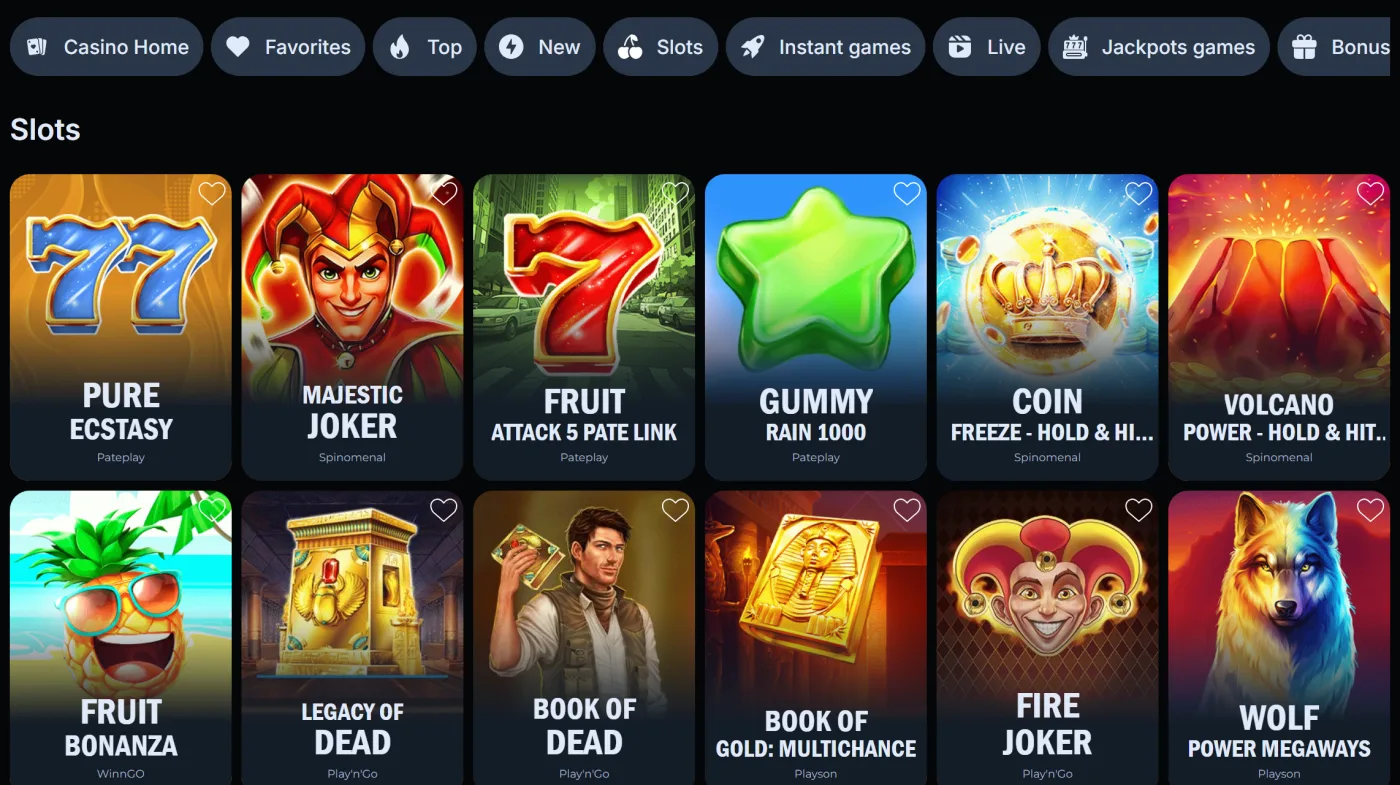 Slots tab of the LineUp Casino lobby with Book of Dead and Pateplay titles