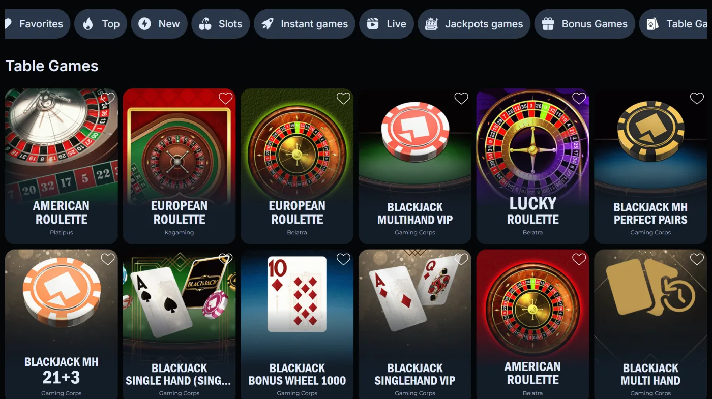 Table Games tab of LineUp Casino with RNG roulette and blackjack