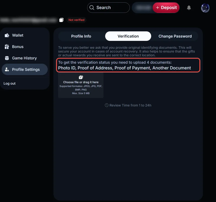 Verification tab listing the four documents required by LineUp
