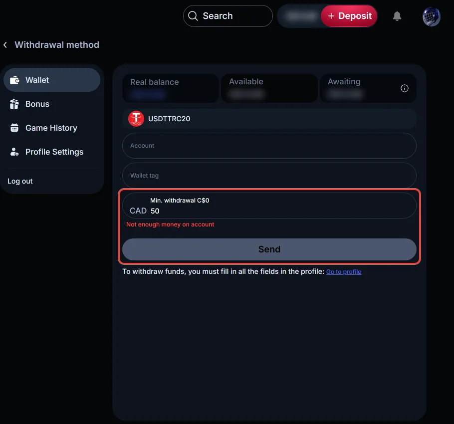 Amount field and Send button highlighted in the LineUp withdrawal form