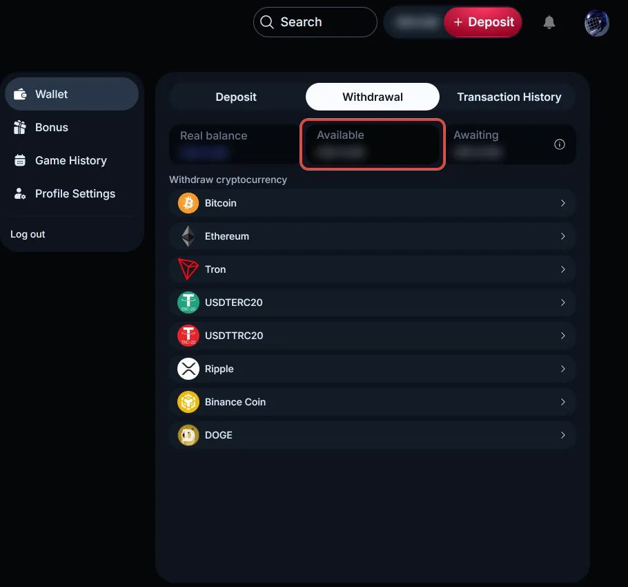 Available card highlighted on the LineUp Withdrawal tab