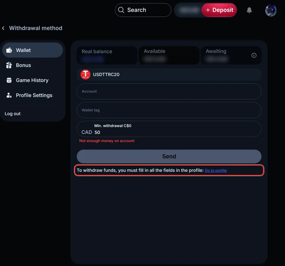 Message asking to fill in all profile fields before a LineUp withdrawal