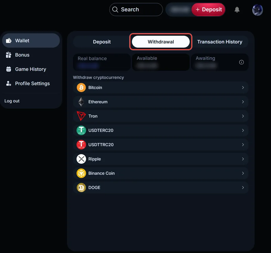 Withdrawal tab highlighted in the LineUp wallet