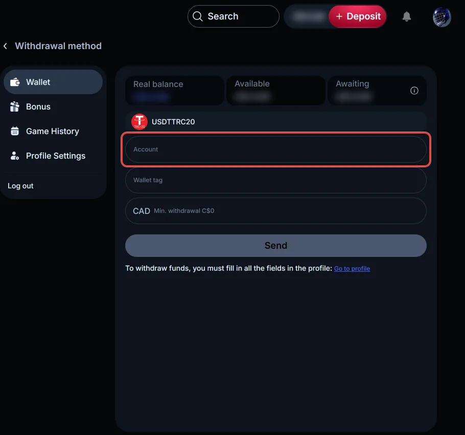 Account field for the wallet address highlighted in the LineUp withdrawal form