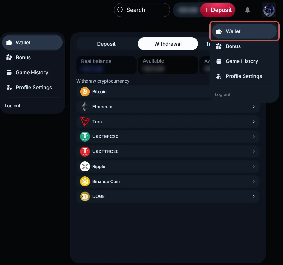 Wallet item highlighted in the LineUp avatar menu